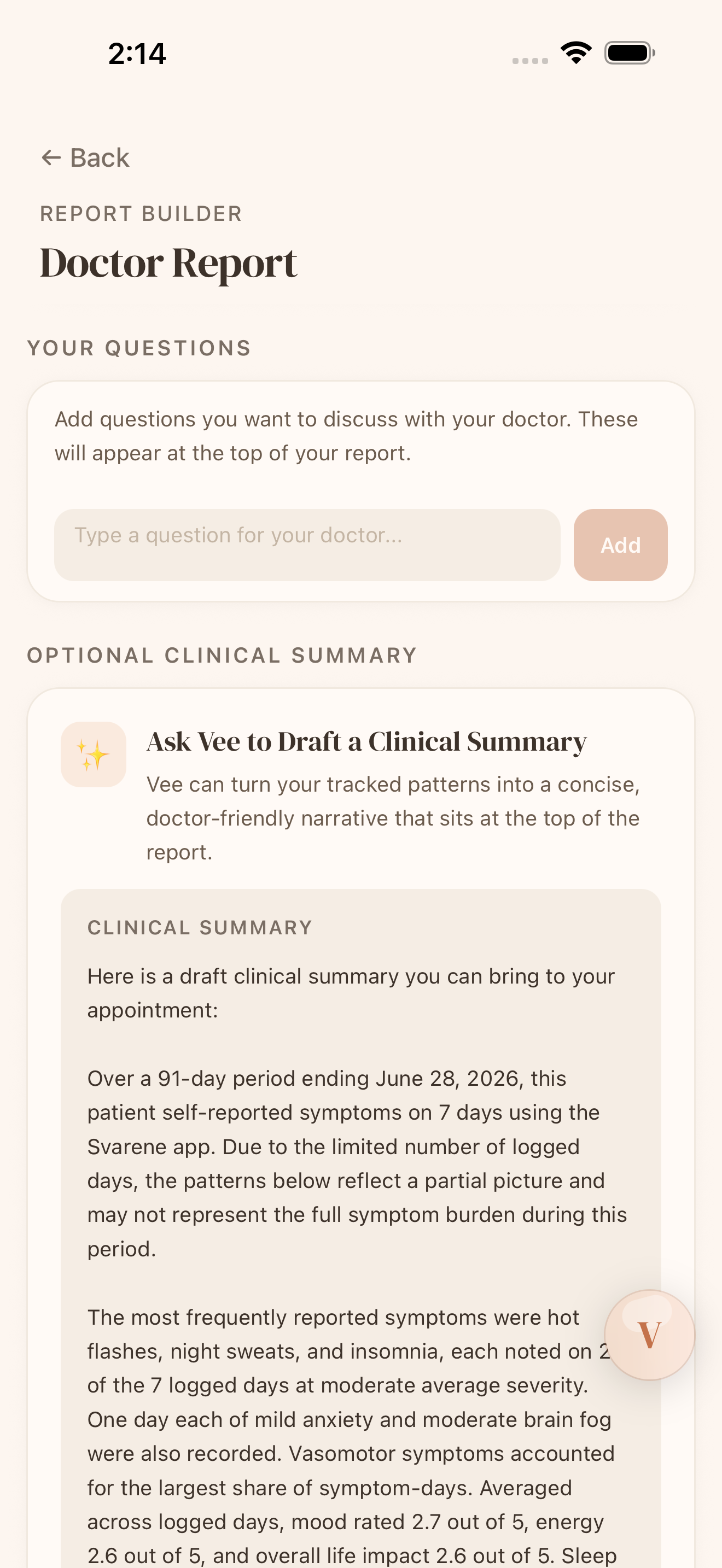 Svarene optional clinical summary drafted from selected tracked patterns